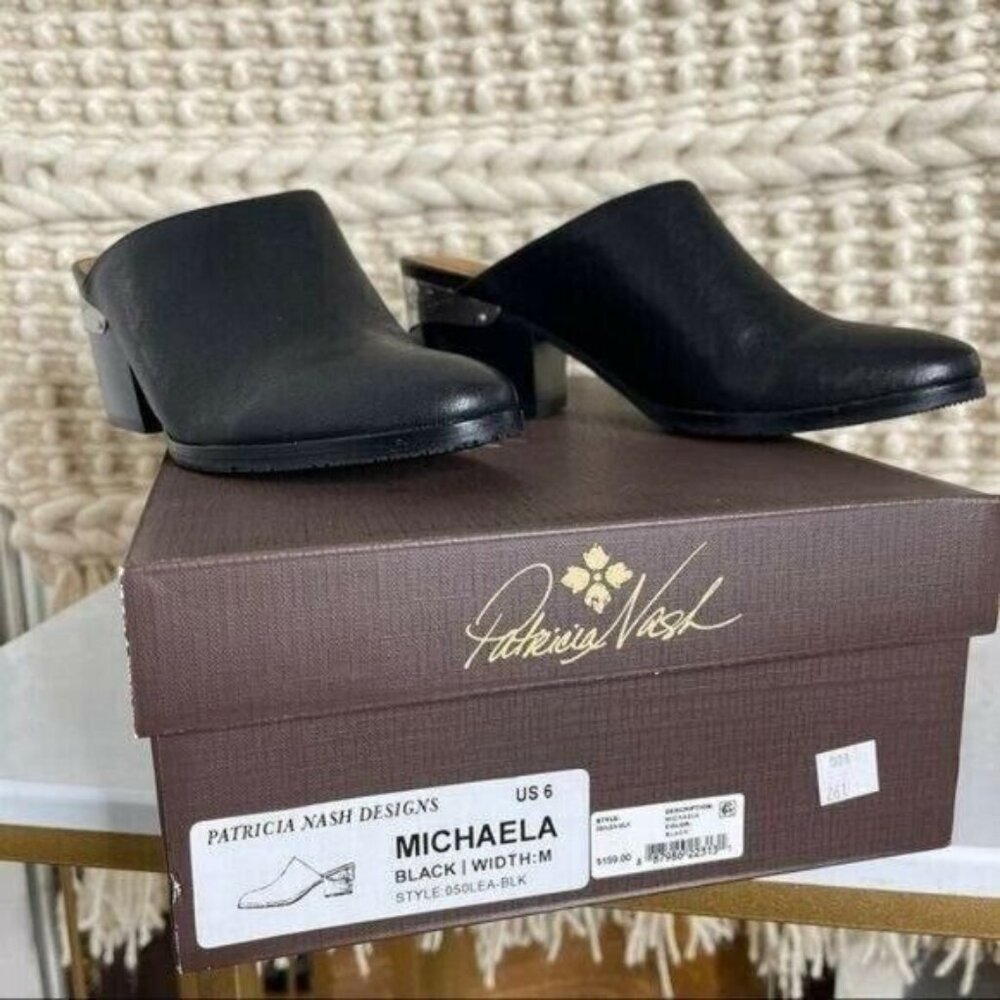 Patricia Nash Black Michaela Slip on Mules Leather Block Heel Size 6 - Picture 5 of 9